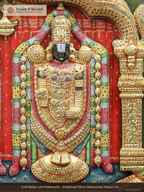 Lord Balaji with Padmavathi - Traditional Three-Dimensional Tanjore Art - Set in Teakwood Frame