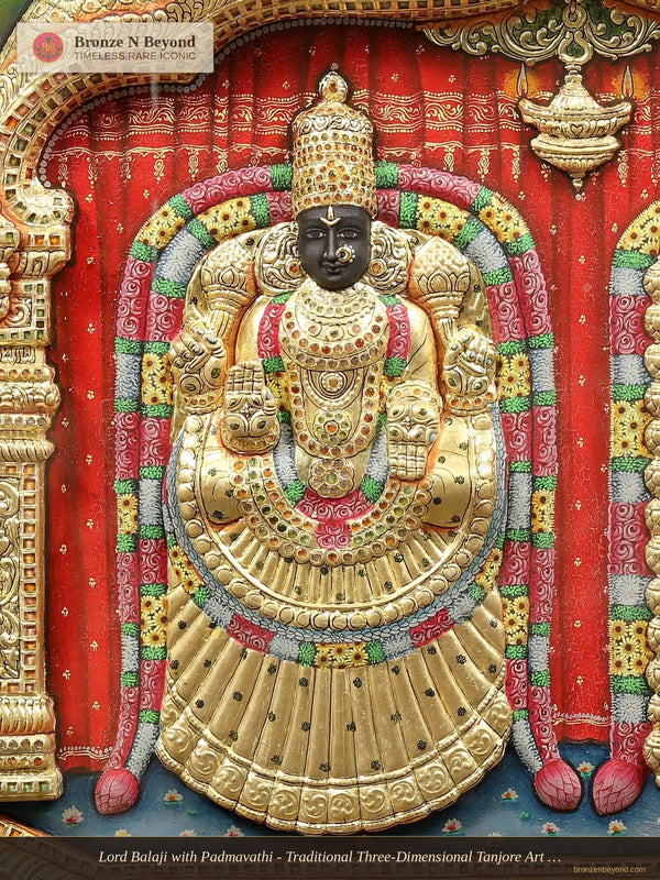 Lord Balaji with Padmavathi - Traditional Three-Dimensional Tanjore Art - Set in Teakwood Frame