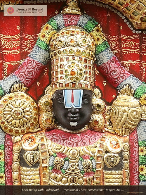Lord Balaji with Padmavathi - Traditional Three-Dimensional Tanjore Art - Set in Teakwood Frame