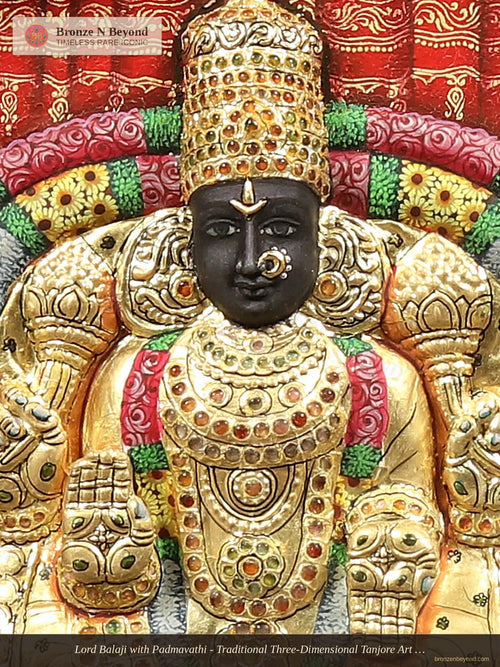 Lord Balaji with Padmavathi - Traditional Three-Dimensional Tanjore Art - Set in Teakwood Frame