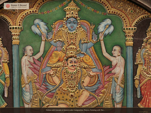 Vishnu with Garuda in Semicircular Composition Tanjore Painting with Teakwood Framed