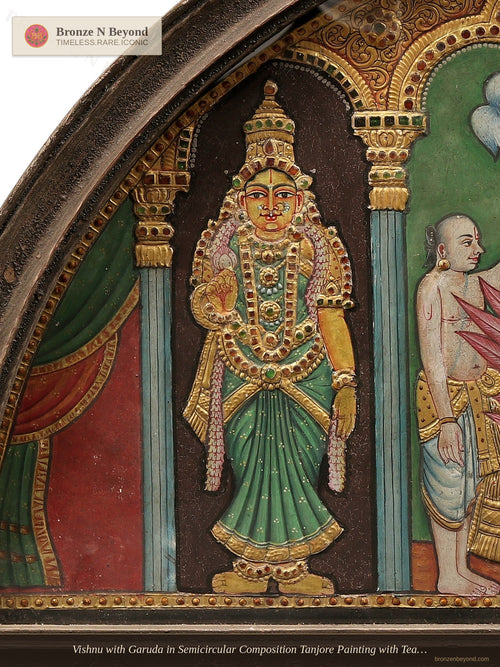 Vishnu with Garuda in Semicircular Composition Tanjore Painting with Teakwood Framed