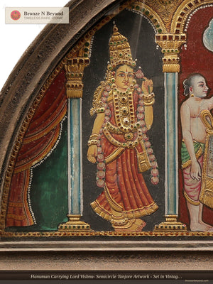 Hanuman Carrying Lord Vishnu- Semicircle Tanjore Artwork - Set in Vintage Teakwood Frame