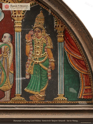 Hanuman Carrying Lord Vishnu- Semicircle Tanjore Artwork - Set in Vintage Teakwood Frame