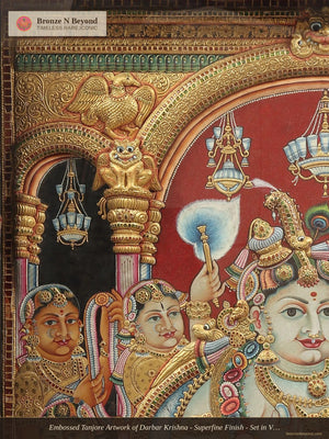 Embossed Tanjore Artwork of Darbar Krishna - Superfine Finish - Set in Vintage Teakwood Frame