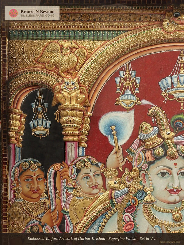 Embossed Tanjore Artwork of Darbar Krishna - Superfine Finish - Set in Vintage Teakwood Frame