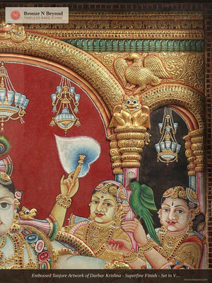 Embossed Tanjore Artwork of Darbar Krishna - Superfine Finish - Set in Vintage Teakwood Frame