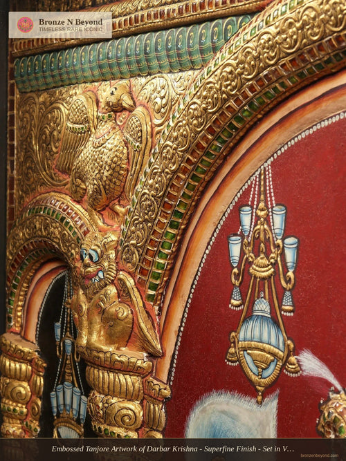 Embossed Tanjore Artwork of Darbar Krishna - Superfine Finish - Set in Vintage Teakwood Frame