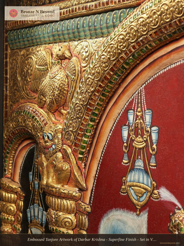 Embossed Tanjore Artwork of Darbar Krishna - Superfine Finish - Set in Vintage Teakwood Frame