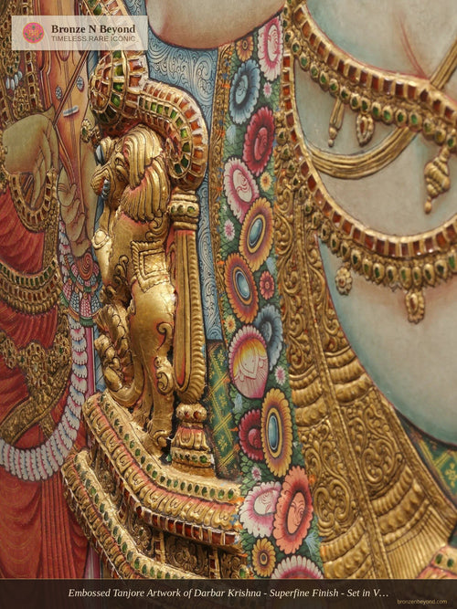 Embossed Tanjore Artwork of Darbar Krishna - Superfine Finish - Set in Vintage Teakwood Frame