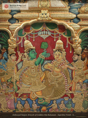 Embossed Tanjore Artwork of Goddess Sita Kalyanam - Superfine Finish - Set in Vintage Teakwood Frame