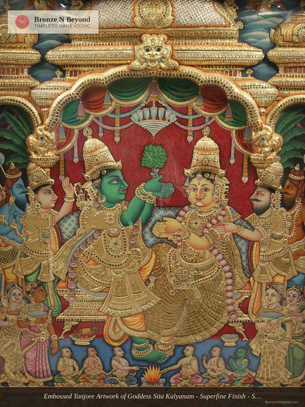 Embossed Tanjore Artwork of Goddess Sita Kalyanam - Superfine Finish - Set in Vintage Teakwood Frame