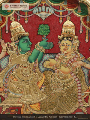 Embossed Tanjore Artwork of Goddess Sita Kalyanam - Superfine Finish - Set in Vintage Teakwood Frame