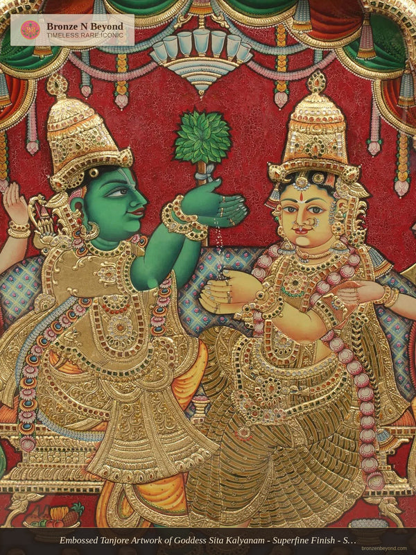 Embossed Tanjore Artwork of Goddess Sita Kalyanam - Superfine Finish - Set in Vintage Teakwood Frame