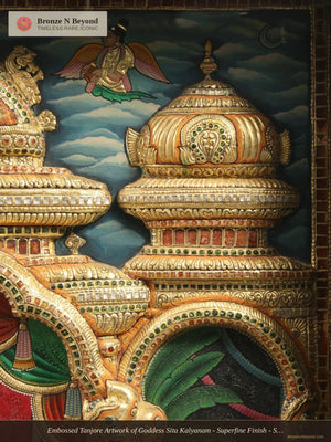 Embossed Tanjore Artwork of Goddess Sita Kalyanam - Superfine Finish - Set in Vintage Teakwood Frame