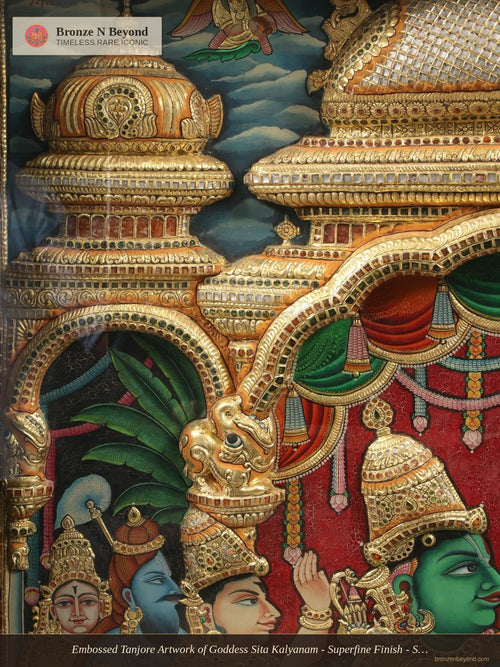 Embossed Tanjore Artwork of Goddess Sita Kalyanam - Superfine Finish - Set in Vintage Teakwood Frame