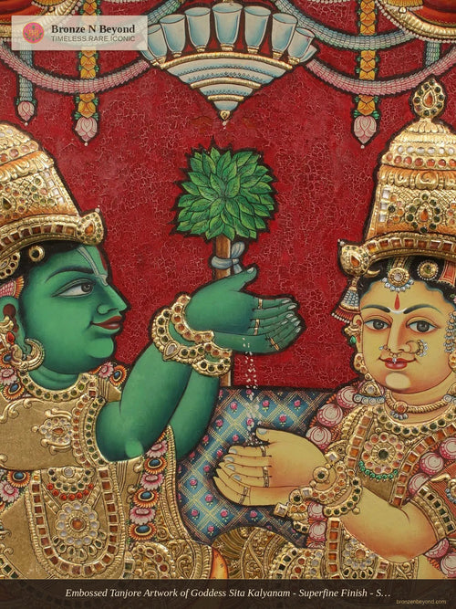 Embossed Tanjore Artwork of Goddess Sita Kalyanam - Superfine Finish - Set in Vintage Teakwood Frame