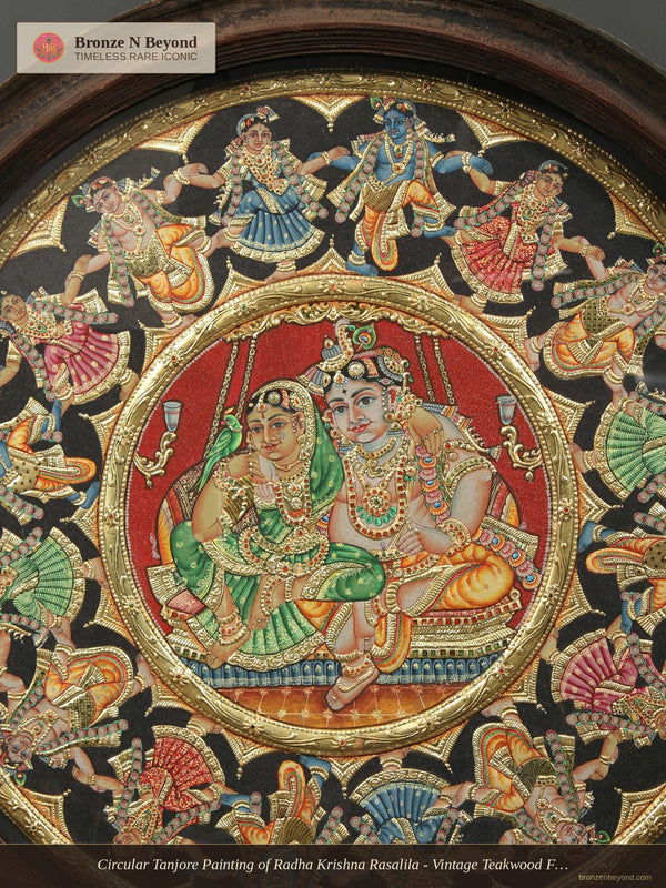 Circular Tanjore Painting of Radha Krishna Rasalila - Vintage Teakwood Framed