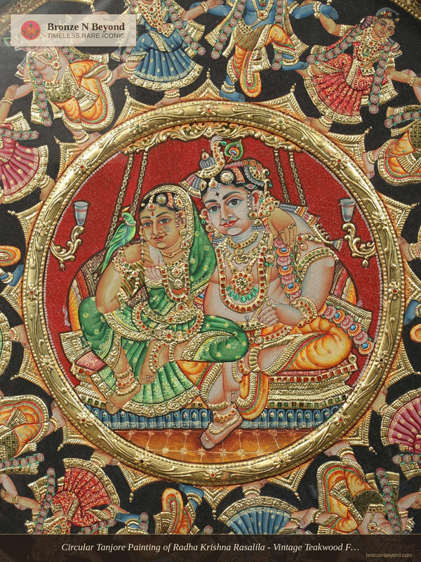 Circular Tanjore Painting of Radha Krishna Rasalila - Vintage Teakwood Framed