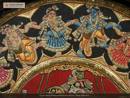 Circular Tanjore Painting of Radha Krishna Rasalila - Vintage Teakwood Framed