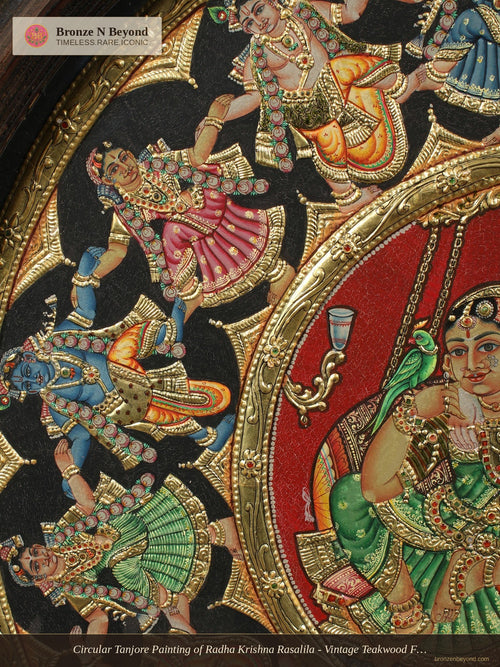 Circular Tanjore Painting of Radha Krishna Rasalila - Vintage Teakwood Framed