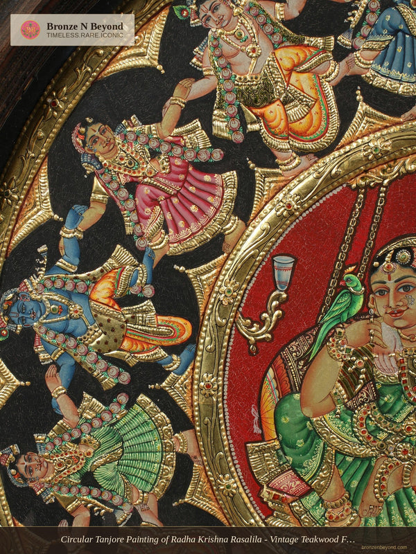Circular Tanjore Painting of Radha Krishna Rasalila - Vintage Teakwood Framed