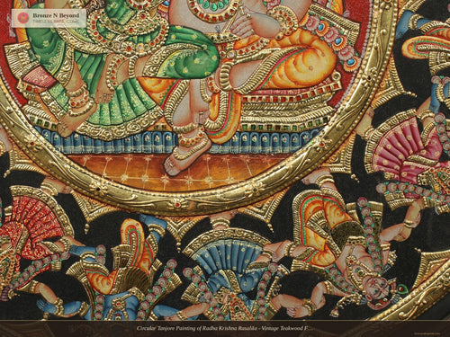 Circular Tanjore Painting of Radha Krishna Rasalila - Vintage Teakwood Framed