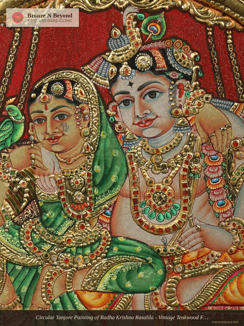 Circular Tanjore Painting of Radha Krishna Rasalila - Vintage Teakwood Framed