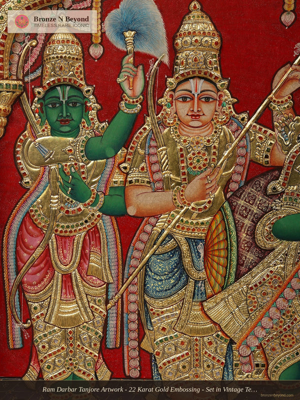 Ram Darbar Tanjore Artwork - 22 Karat Gold Embossing - Set in Vintage Teakwood Frame