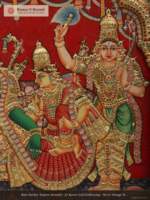 Ram Darbar Tanjore Artwork - 22 Karat Gold Embossing - Set in Vintage Teakwood Frame