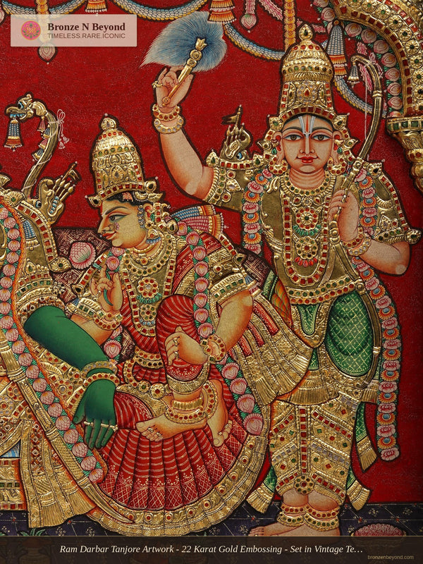 Ram Darbar Tanjore Artwork - 22 Karat Gold Embossing - Set in Vintage Teakwood Frame