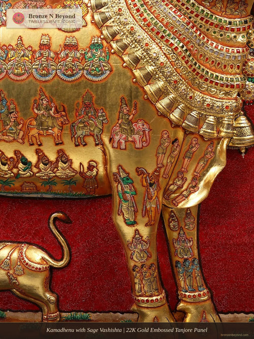 Kamadhenu with Sage Vashishta | 22K Gold Embossed Tanjore Panel