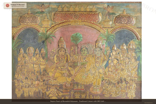 Tanjore Panel of Meenakshi Kalyanam - Traditional Colours with 24K Gold Relief - Teakwood Frame