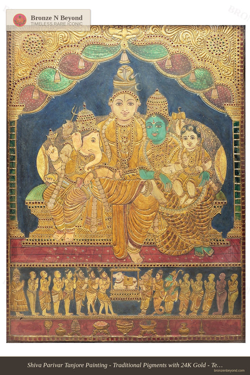 Shiva Parivar Tanjore Painting - Traditional Pigments with 24K Gold - Teakwood Frame