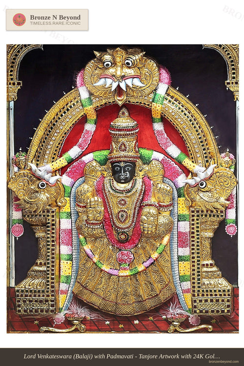 Lord Venkateswara (Balaji) with Padmavati - Tanjore Artwork with 24K Gold Detailing - Set in Teakwood Frame