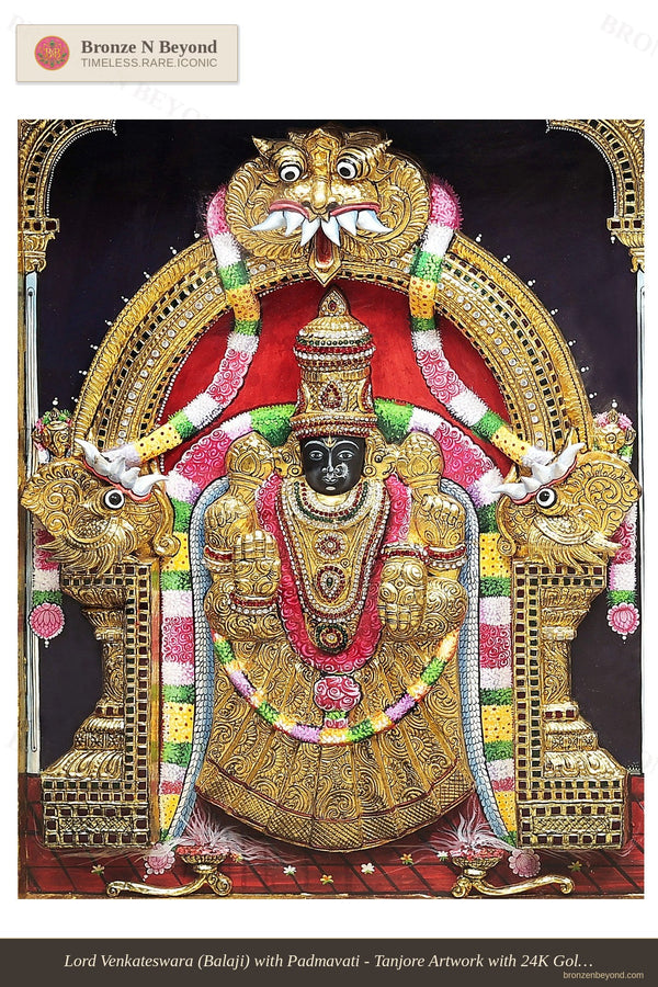Lord Venkateswara (Balaji) with Padmavati - Tanjore Artwork with 24K Gold Detailing - Set in Teakwood Frame