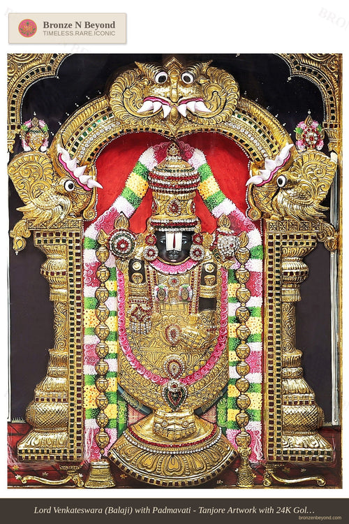 Lord Venkateswara (Balaji) with Padmavati - Tanjore Artwork with 24K Gold Detailing - Set in Teakwood Frame