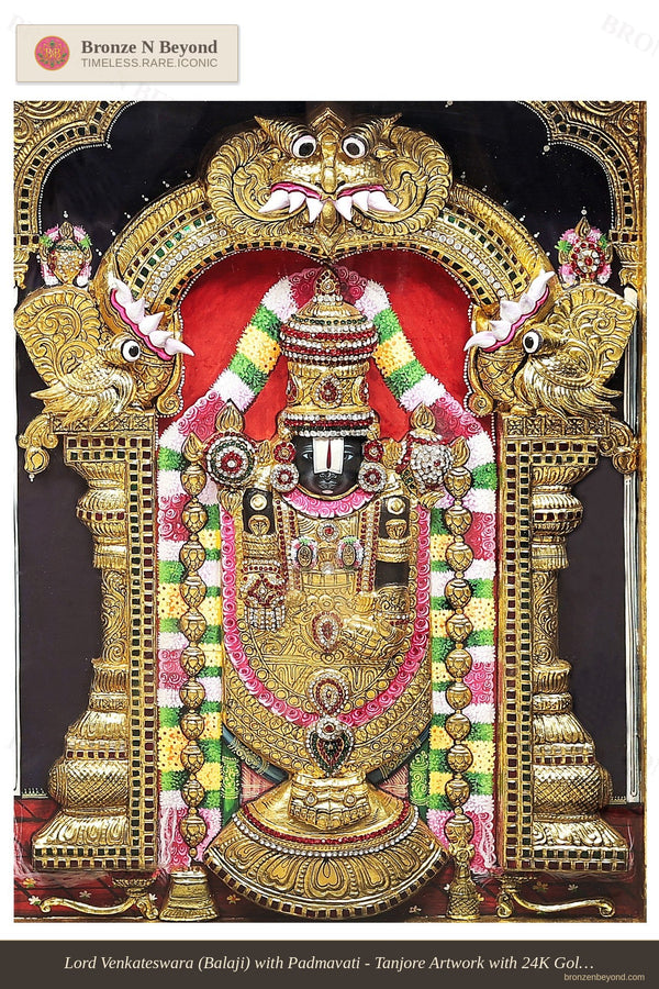 Lord Venkateswara (Balaji) with Padmavati - Tanjore Artwork with 24K Gold Detailing - Set in Teakwood Frame