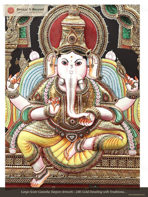 Large-Scale Ganesha Tanjore Artwork - 24K Gold Detailing with Traditional Colours - Set in Teakwood Frame