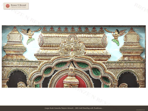 Large-Scale Ganesha Tanjore Artwork - 24K Gold Detailing with Traditional Colours - Set in Teakwood Frame