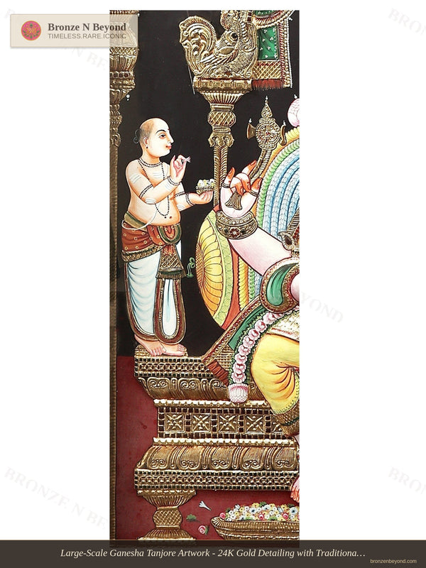Large-Scale Ganesha Tanjore Artwork - 24K Gold Detailing with Traditional Colours - Set in Teakwood Frame