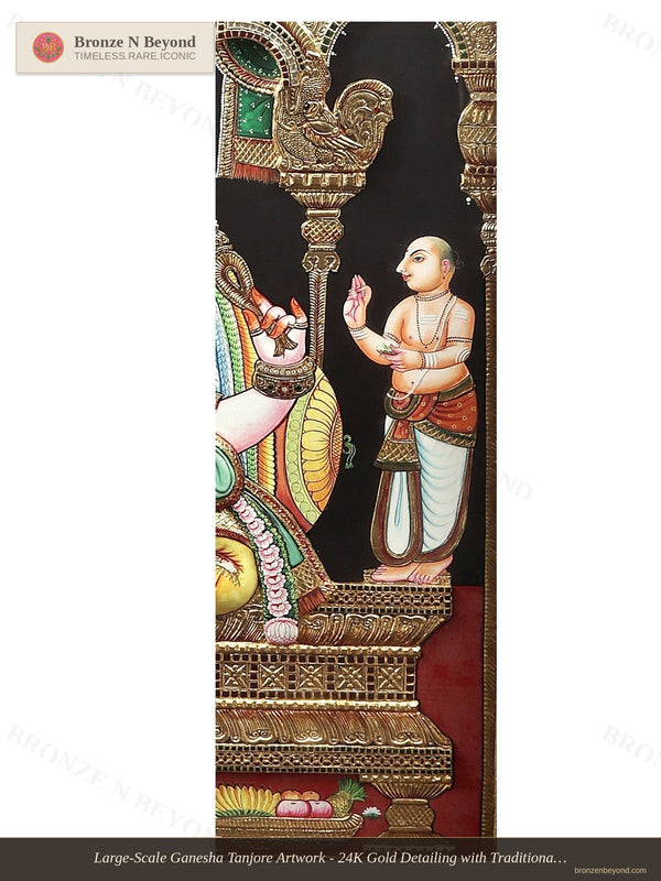 Large-Scale Ganesha Tanjore Artwork - 24K Gold Detailing with Traditional Colours - Set in Teakwood Frame
