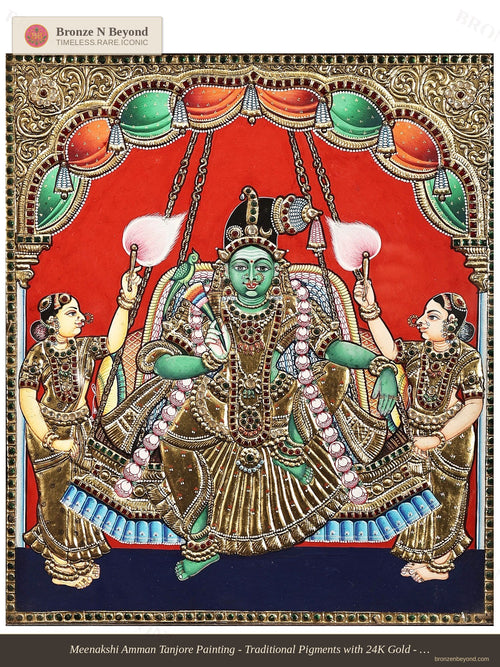 Meenakshi Amman Tanjore Painting - Traditional Pigments with 24K Gold - Teakwood Framed