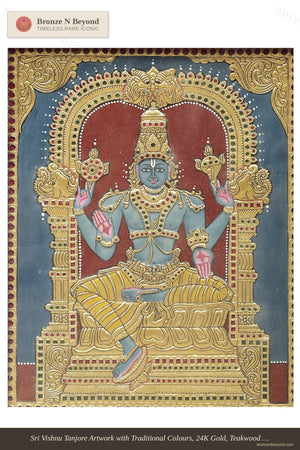 Sri Vishnu Tanjore Artwork with Traditional Colours, 24K Gold, Teakwood Frame