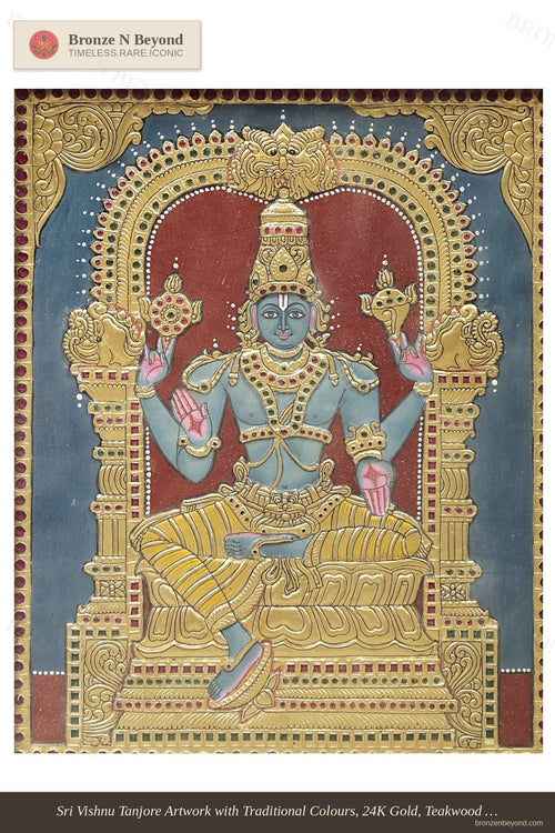 Sri Vishnu Tanjore Artwork with Traditional Colours, 24K Gold, Teakwood Frame