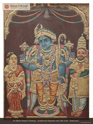 Sri Rama Tanjore Painting - Traditional Pigments and 24K Gold - Teakwood Frame