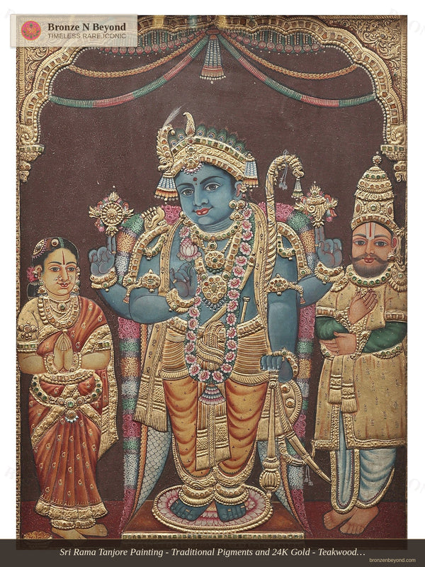 Sri Rama Tanjore Painting - Traditional Pigments and 24K Gold - Teakwood Frame