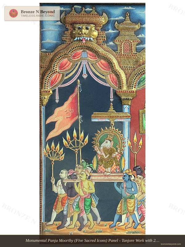 Monumental Panja Moorthy (Five Sacred Icons) Panel - Tanjore Work with 24K Gold Embossing - Teakwood Framed