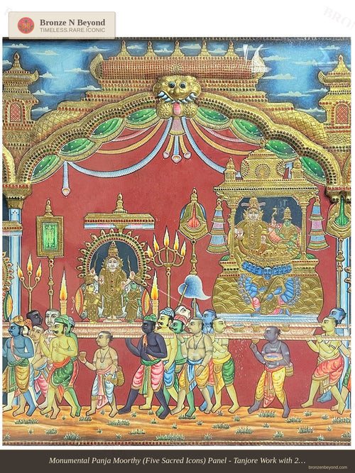 Monumental Panja Moorthy (Five Sacred Icons) Panel - Tanjore Work with 24K Gold Embossing - Teakwood Framed