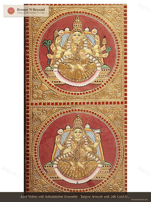 Lord Vishnu with Ashtalakshmi Ensemble - Tanjore Artwork with 24K Gold Detailing - Teakwood Framed